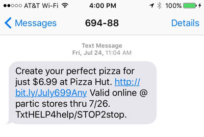 Pizza Hut Perfect Pizza Text Message