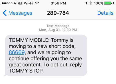 Tommy Hilfiger SMS Short Code Change
