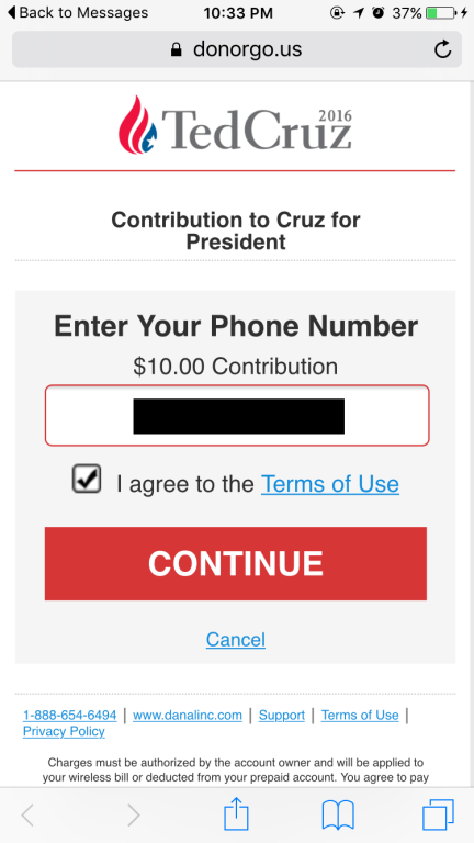 Ted Cruz Political SMS Donation Process - Step 3