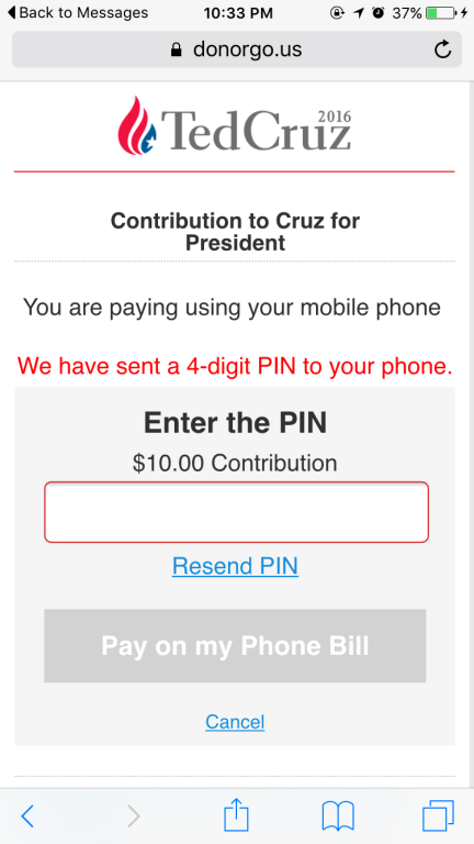 Ted Cruz Political SMS Donation Process - Step 4