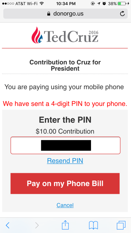 Ted Cruz Political SMS Donation Process - Step 6