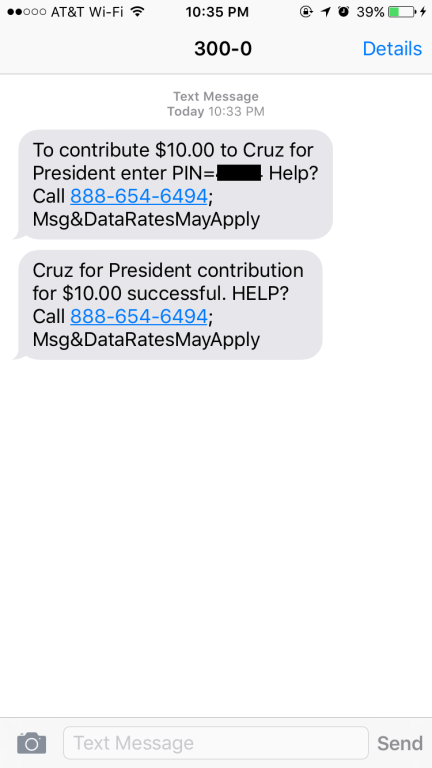 Ted Cruz Political SMS Donation Process - Step 8
