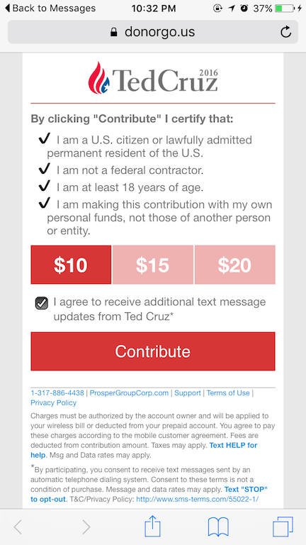 Ted Cruz Political SMS Donation Process - Step 2
