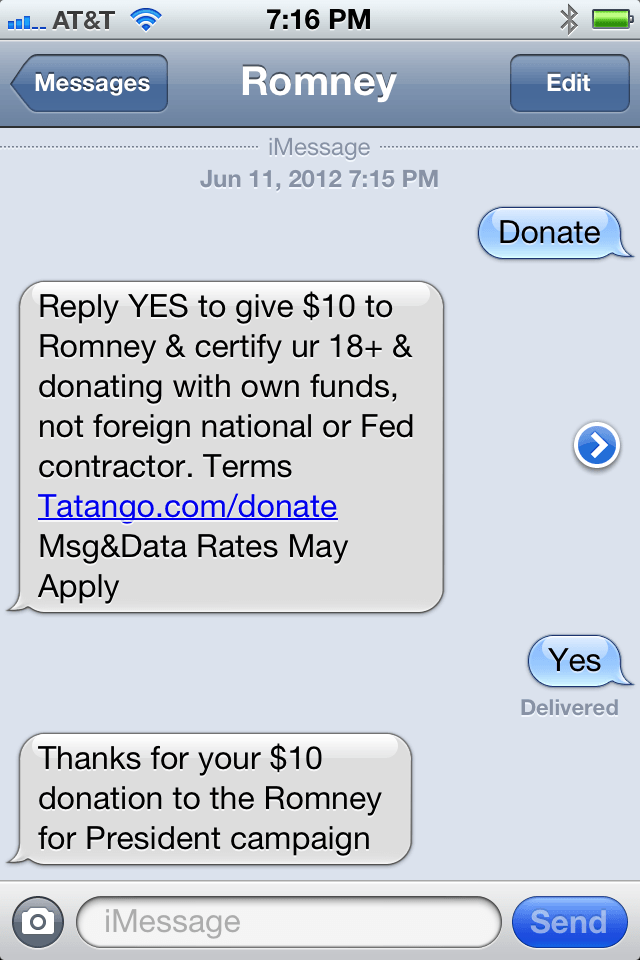 Mitt Romney Presidential Text to Donate Campaign