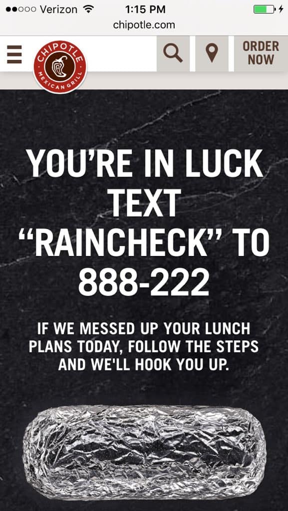 Chipotle Mobile Web - Text RAINCHECK to 888-222