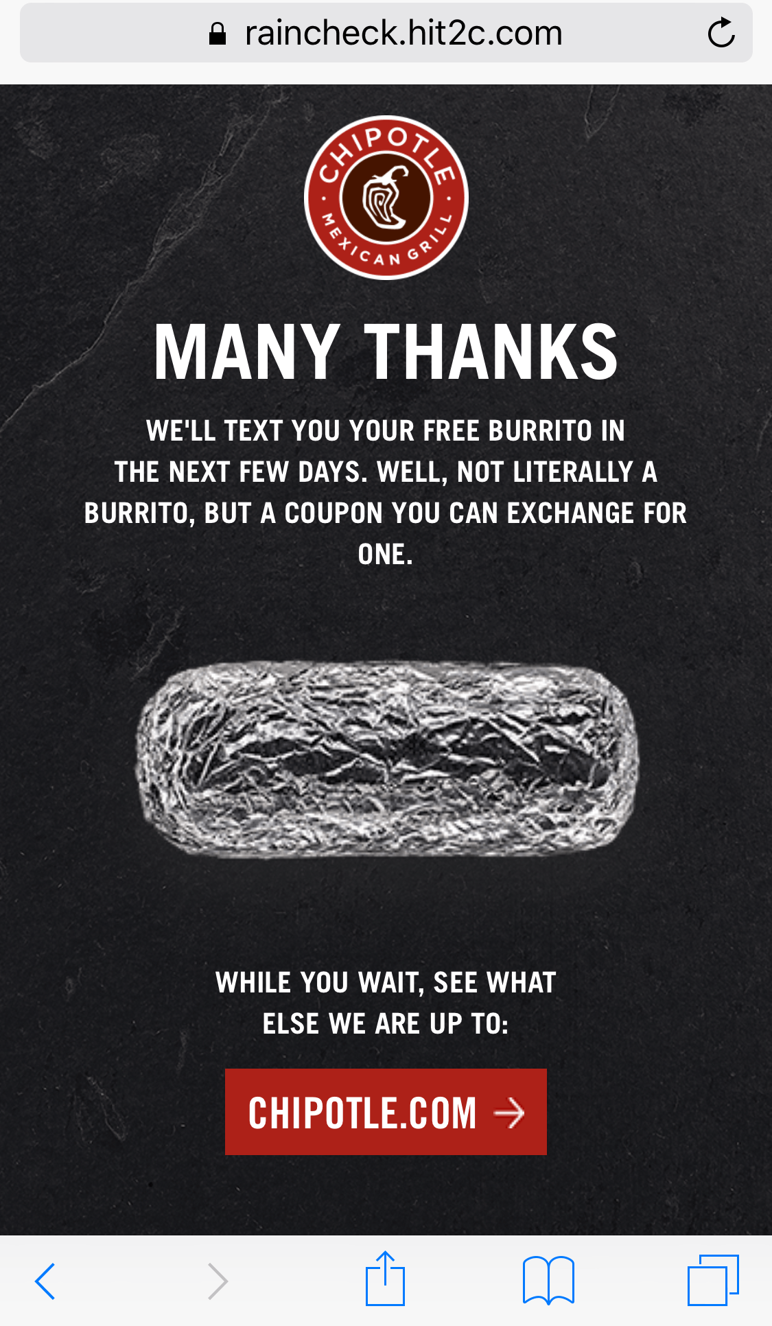 Chipotle SMS Coupon - Thank You Page