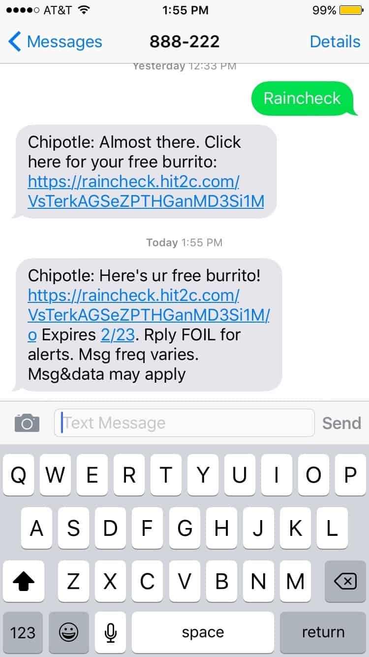 Chipotle SMS Message - Text RAINCHECK to 888222