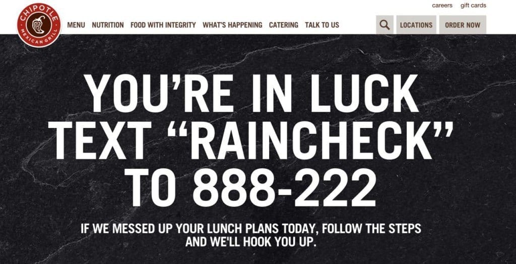 Website - Chipotle SMS Campaign - Text RAINCHECK to 888-222