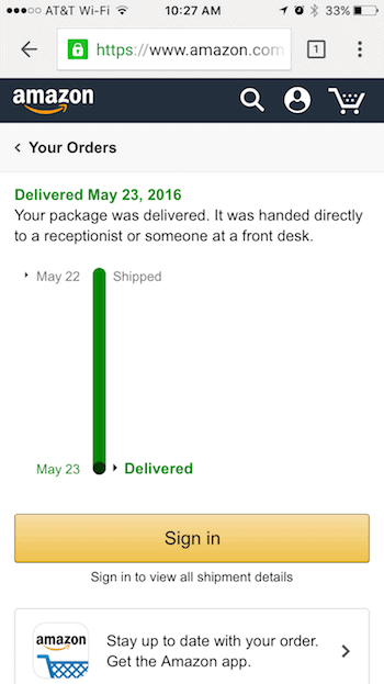 Amazon Shipment Tracking Mobile Webpage