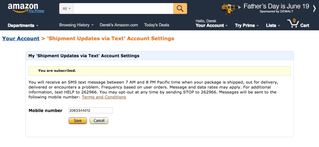 Amazon Shipment Update Text Message - Change Phone Number