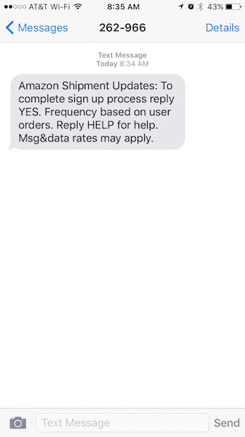 Amazon Shipment Update Text Message Confirmation - Step 1