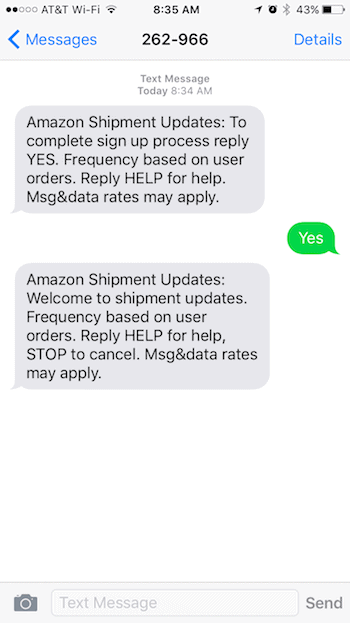 Amazon Shipment Update Text Message Confirmation - Step 2