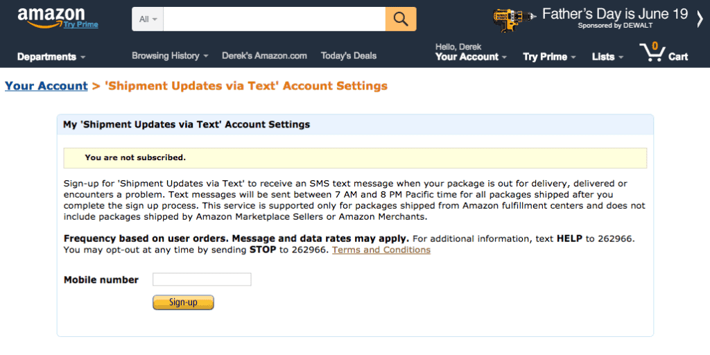 Amazon website screenshot for 'shipment updates via text' - showing "You are not subscribed."