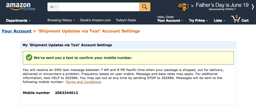 Amazon Shipment Update Text Message Signup - Step 2