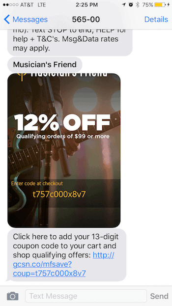 MMS Coupon Example - Musicians Friend