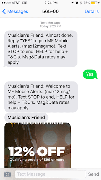 Musicians Friend Text Message Confirmation 2