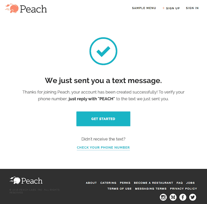 Peach Food Delivery Onboarding - Text Message Confirmation