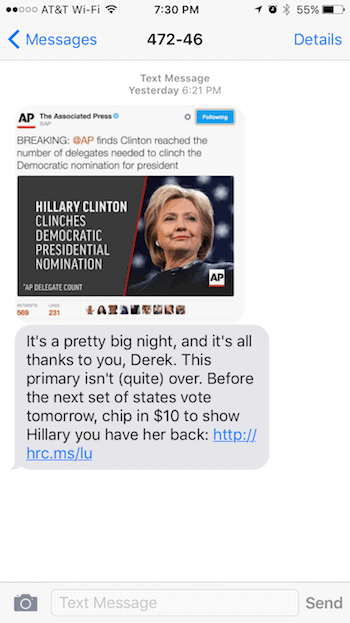 Hillary Clinton Political Campaign Text Message 1