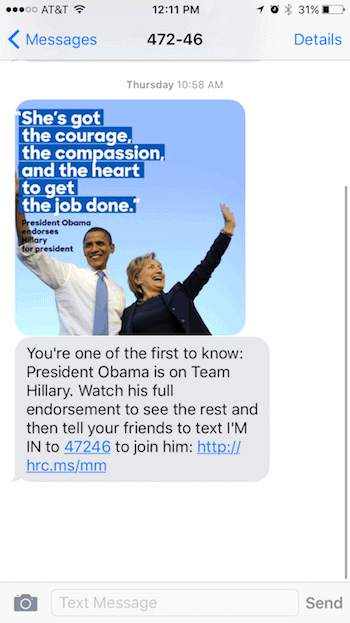 Hillary Clinton Political Campaign Text Message 4