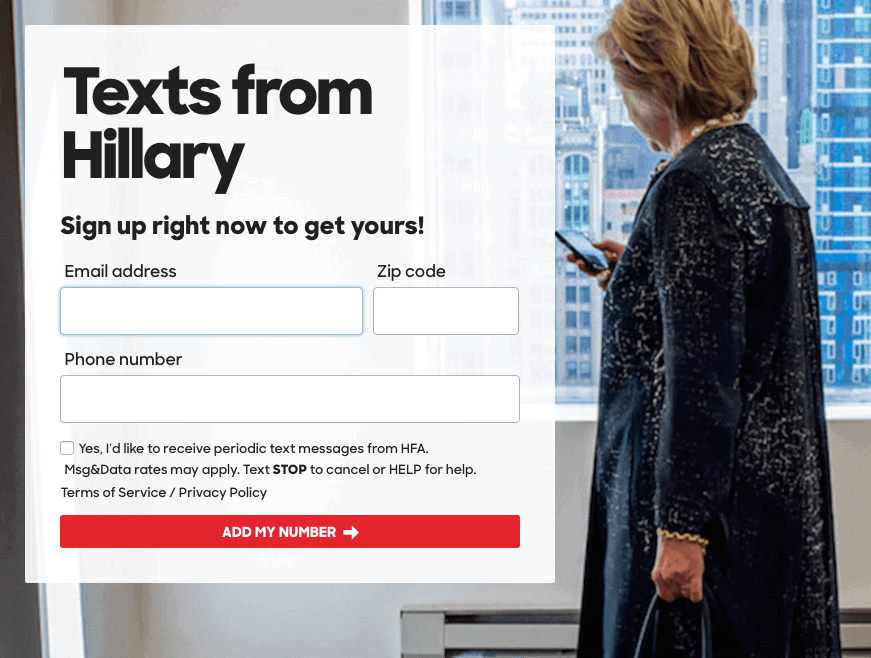 Hillary Clinton Text Message Signup