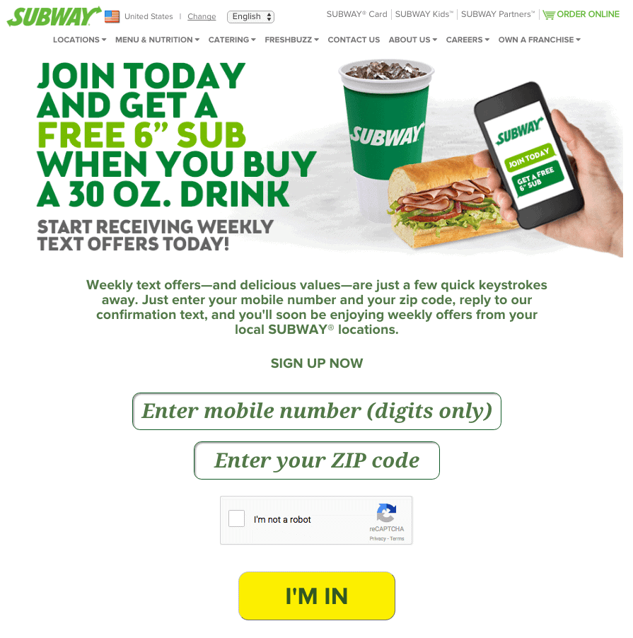 Subscribe to Subway Text Message Promotion - Step 1
