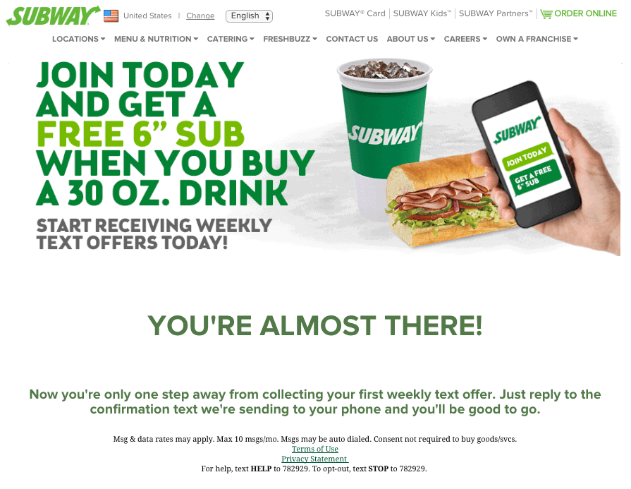 Subscribe to Subway Text Message Promotion - Step 3