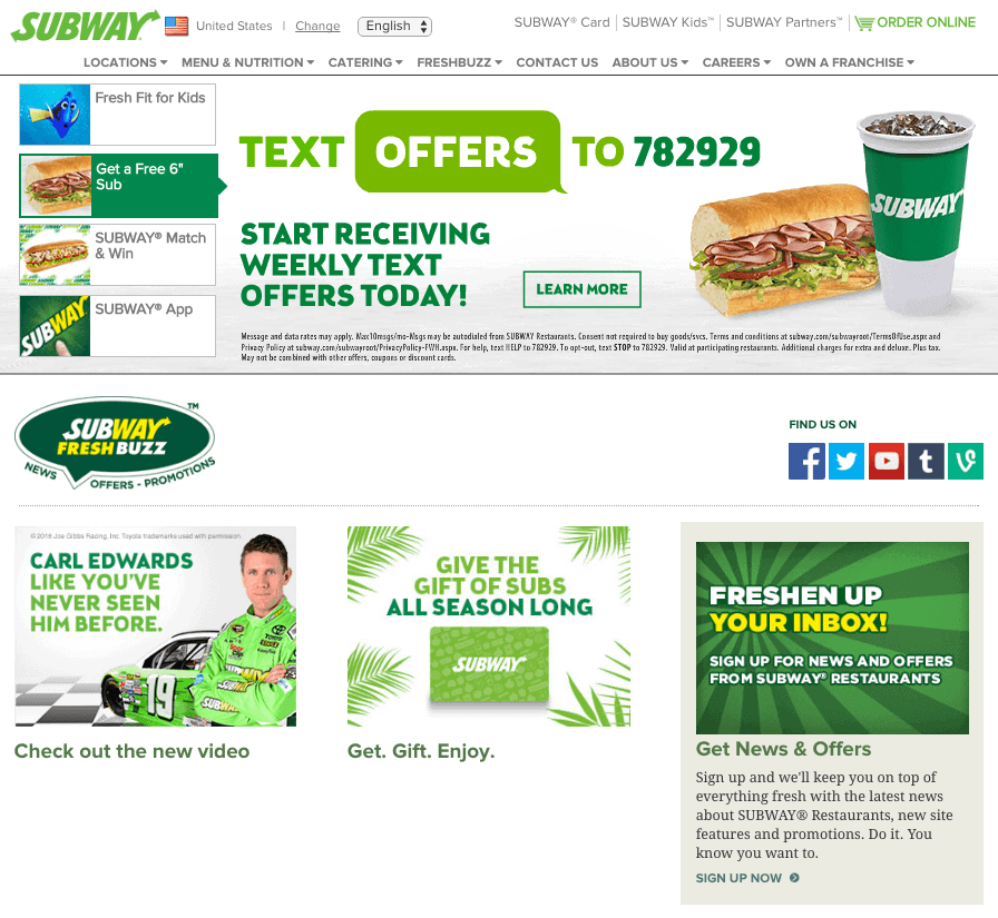 Subscribe to Subway Text Message Promotion