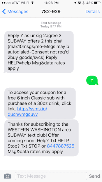 Subway Text Message Opt-in Confirmation