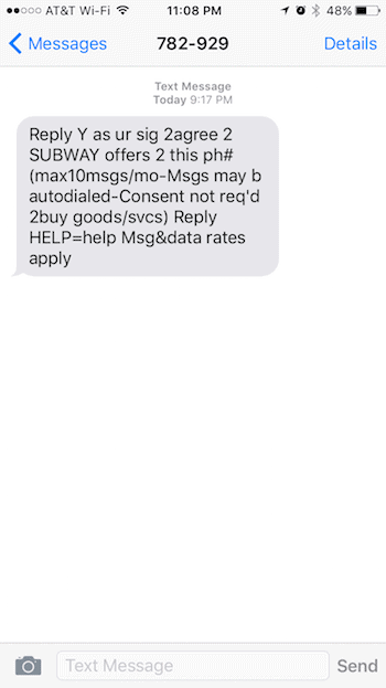 Subway Text Message Opt-in Request