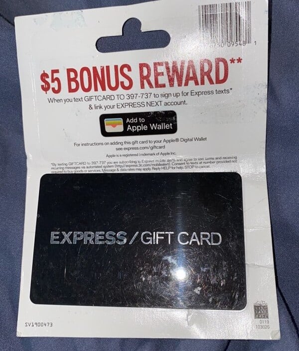 Text Message Advertising Example on Gift Card from Express Clothing
