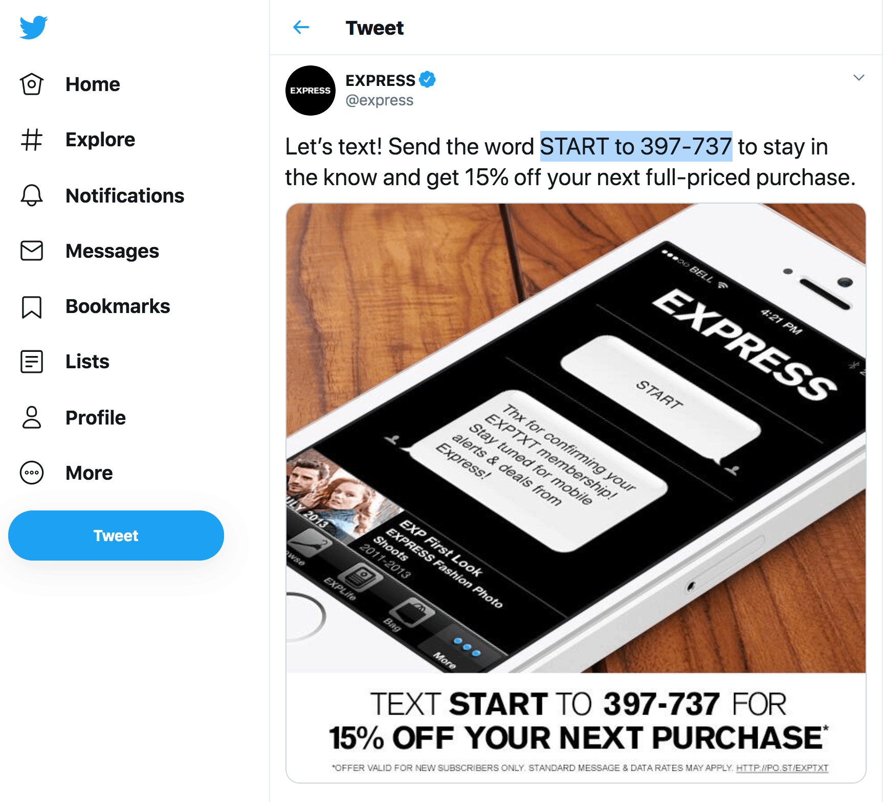 Text Message Advertising Example on Twitter from Express Clothing