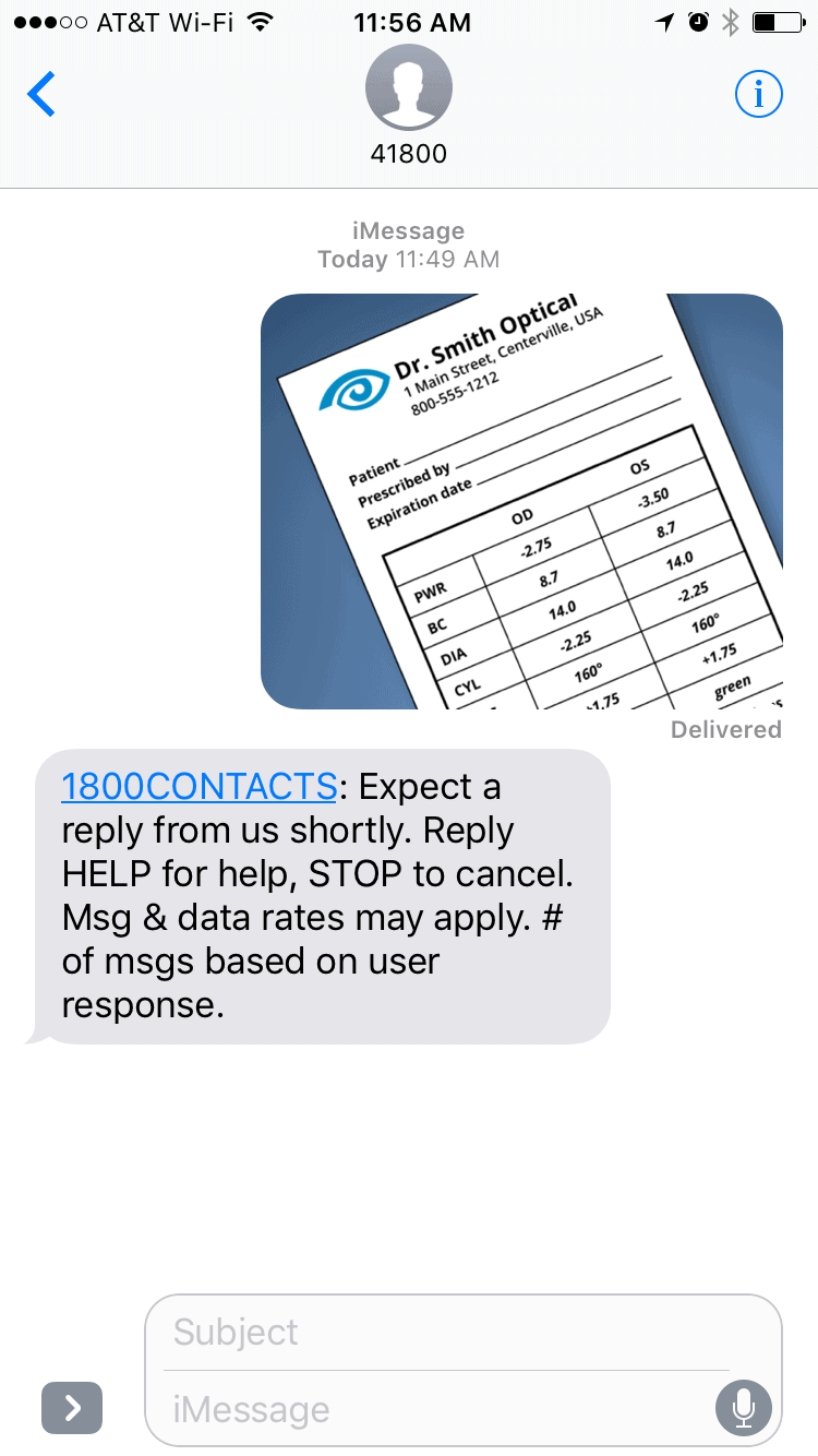 1800 Contacts Prescription Text Message