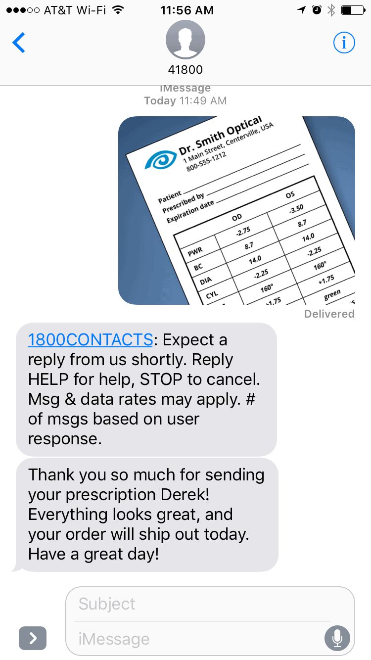 1800 Contacts Prescription Text Message