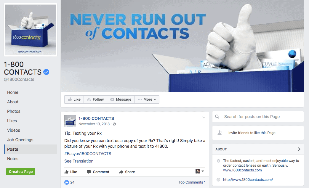 1800 Contacts Prescription Text Message - Facebook Ad