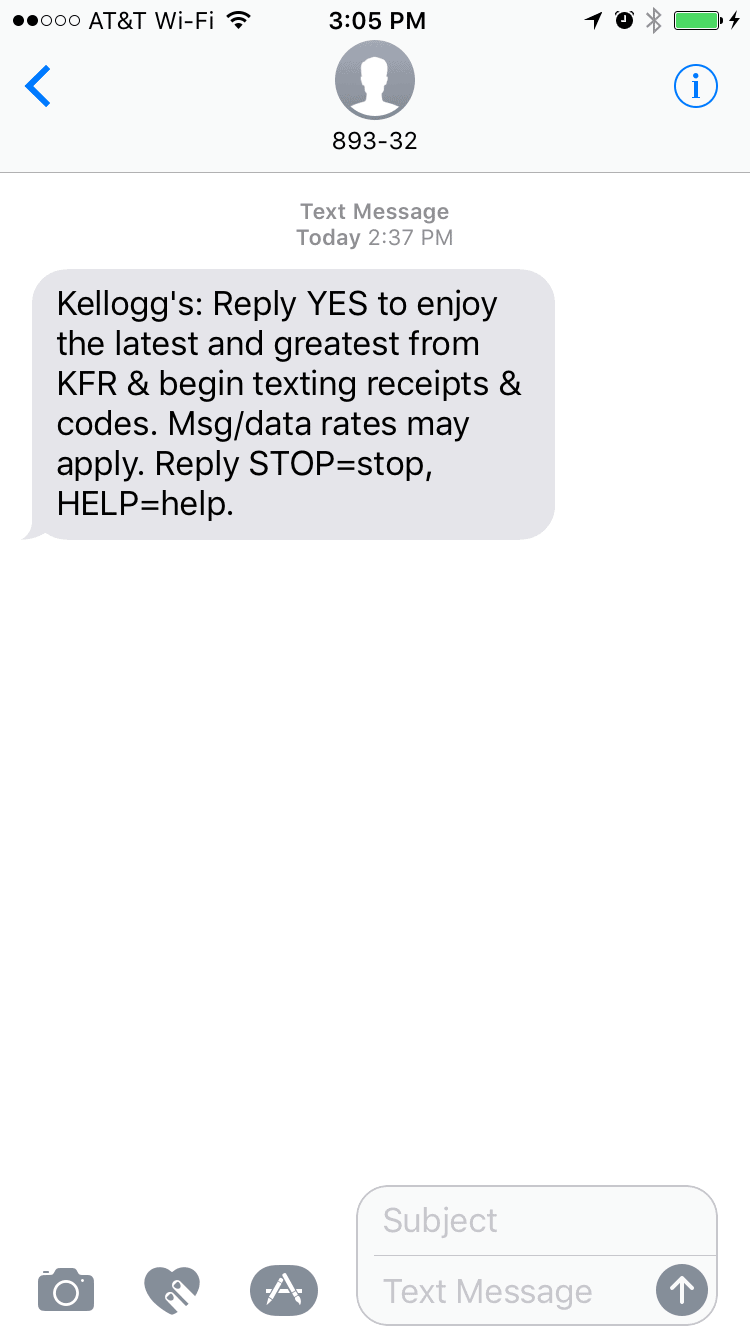 Kellog's Text Message Opt-In Message 1