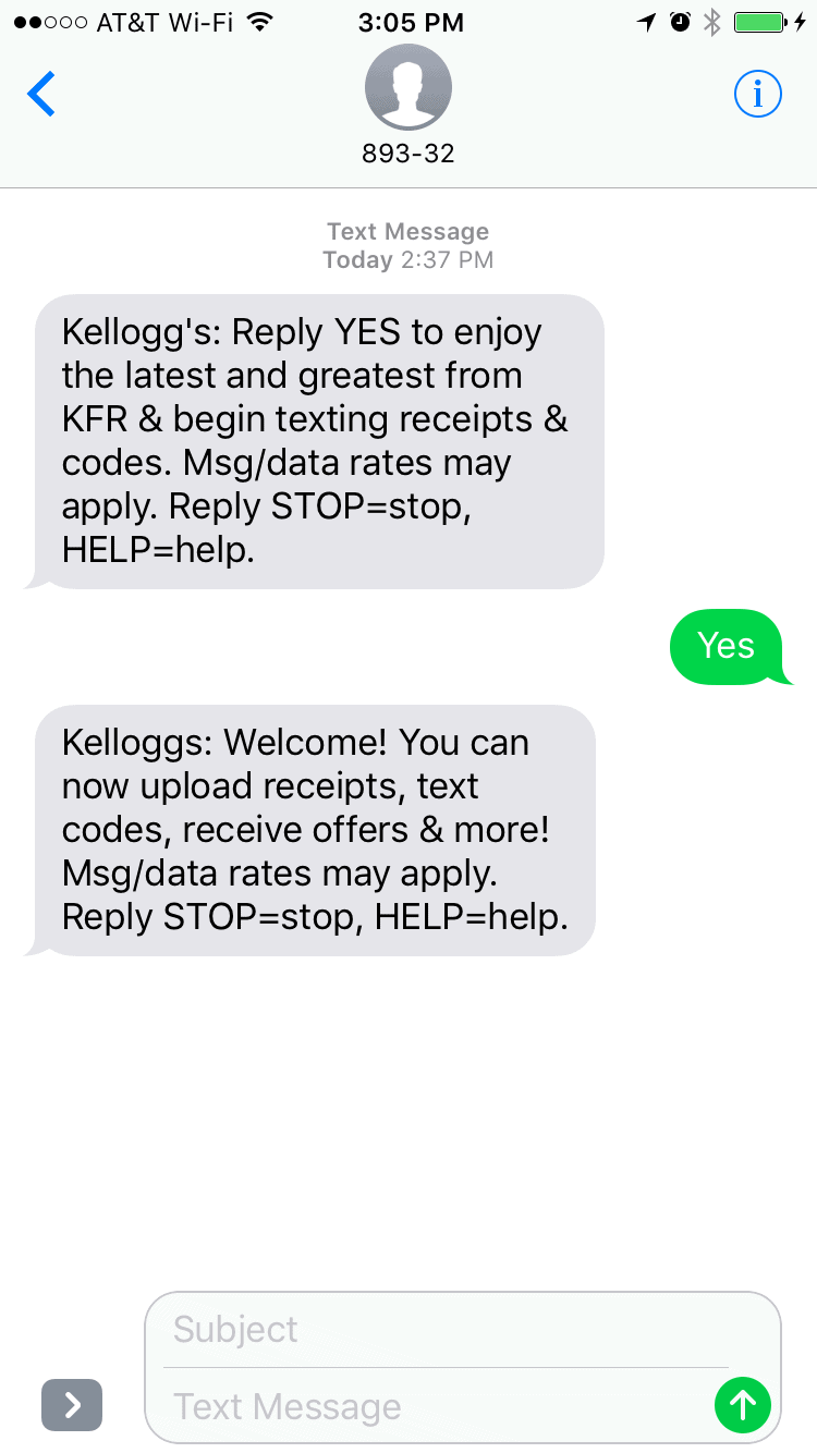 Kellog's Text Message Opt-In Message 2