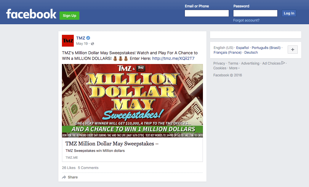 TMZ Text-to-Win Contest Example - Facebook Ad