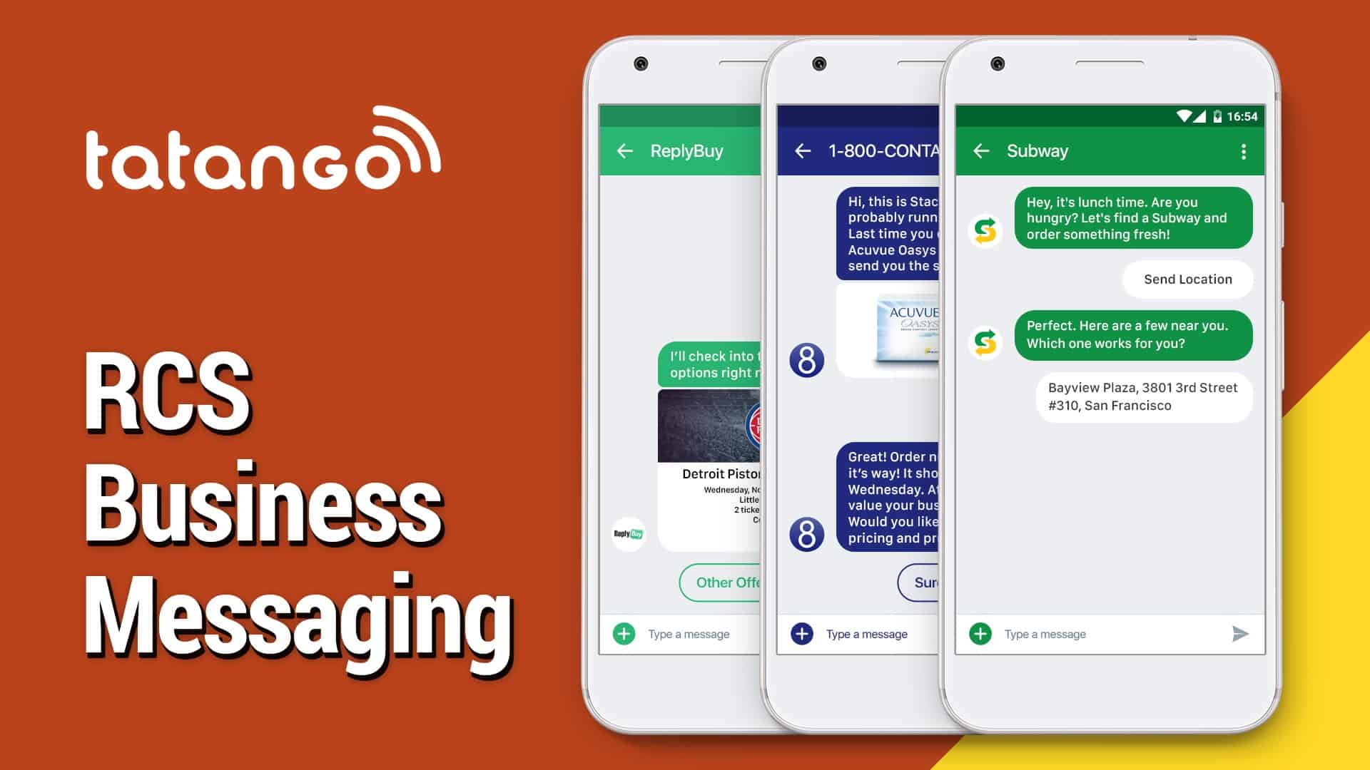 This picture has the words "Tatango" and "RCS business messaging" written on it, and it shows three mobile phones displaying RCS messages.
