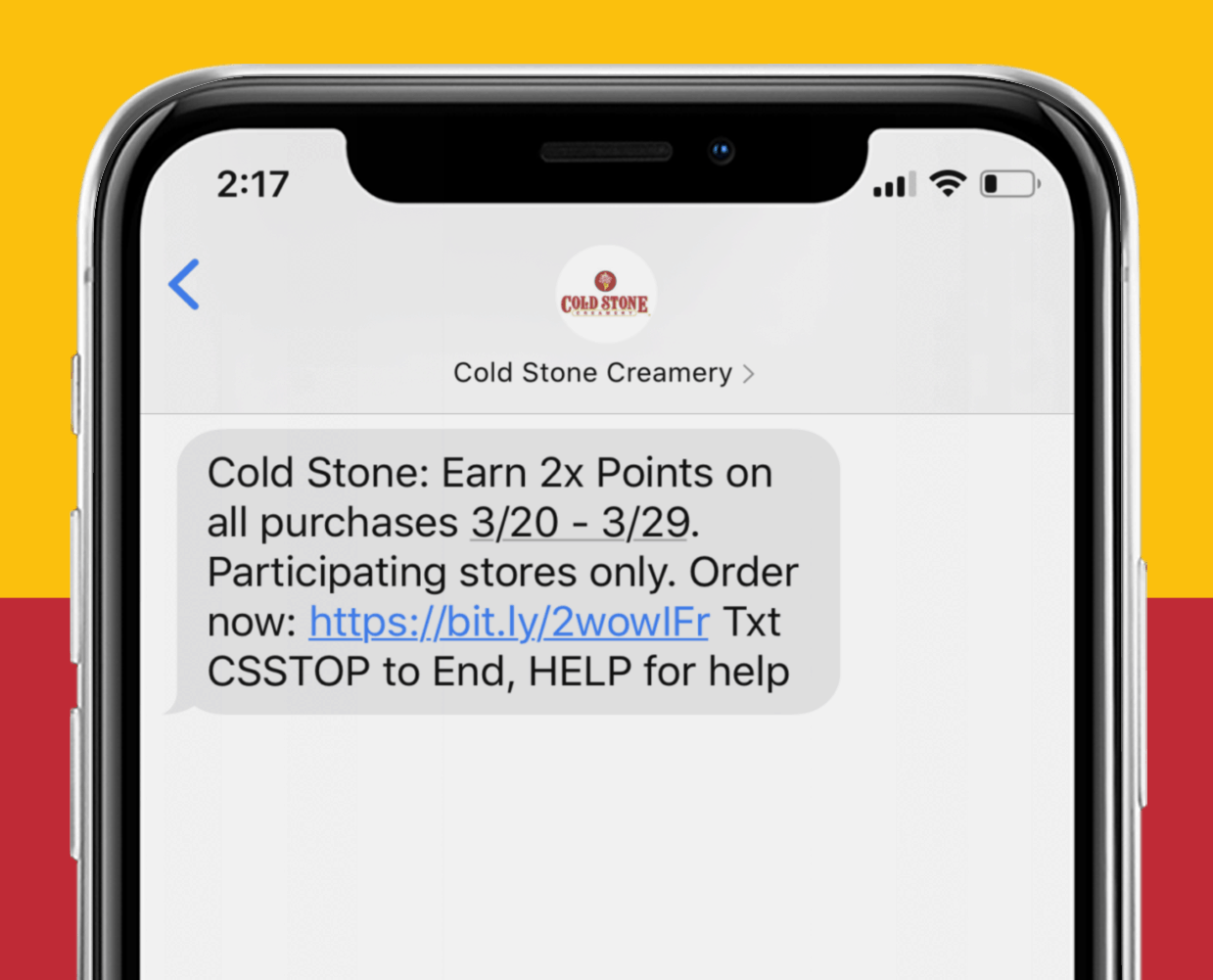 Cold Stone Creamery SMS Marketing Example for Restaurants