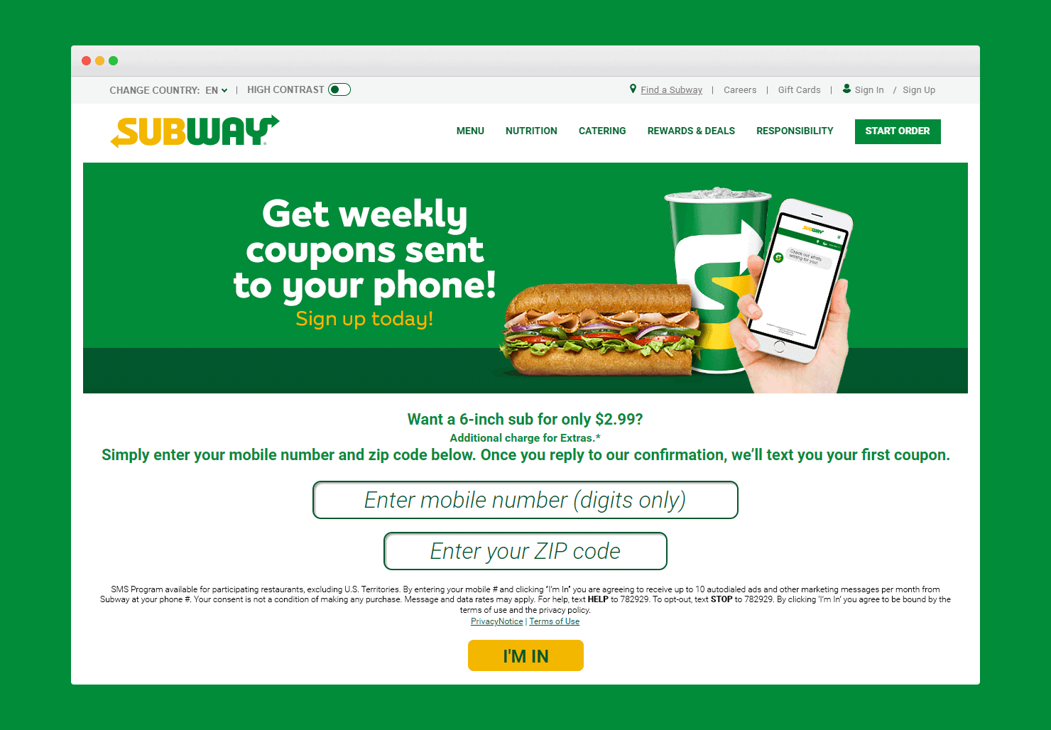 Restaurant SMS Marketing Example from Subway