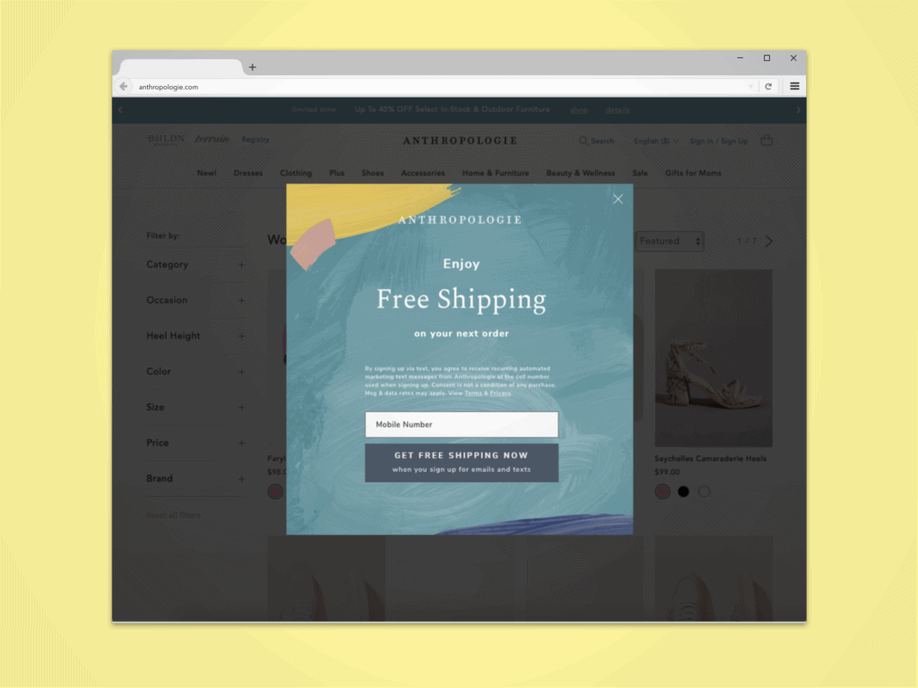sms marketing pop-up example from anthropologie