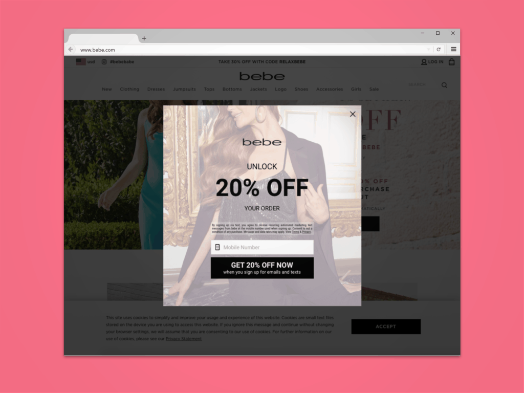 sms marketing pop-up example from bebe