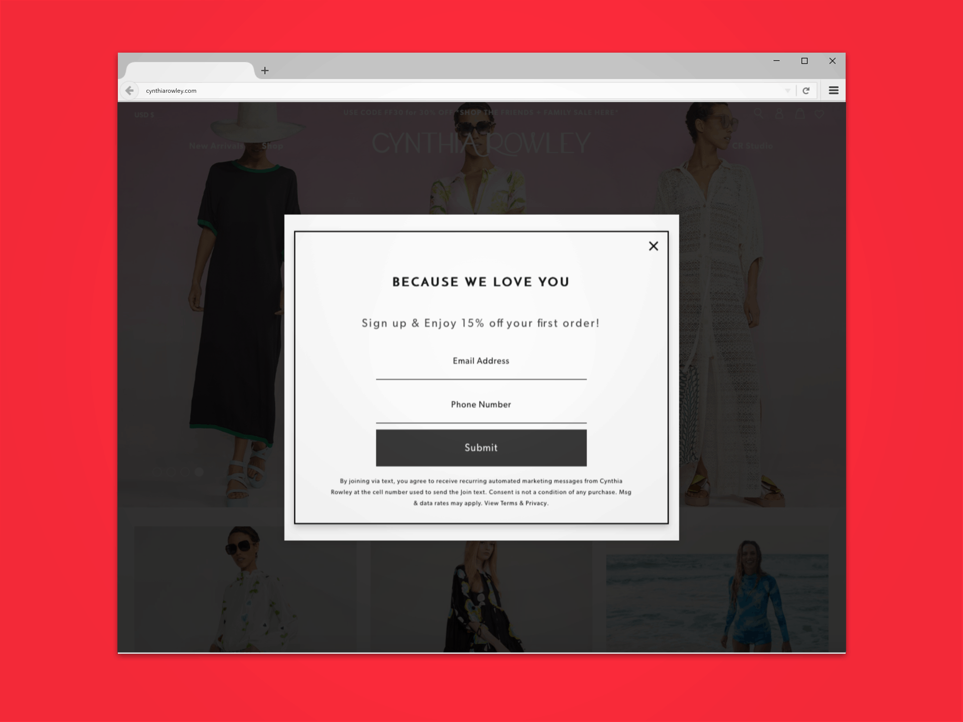 sms marketing pop-up example from cynthia rowley
