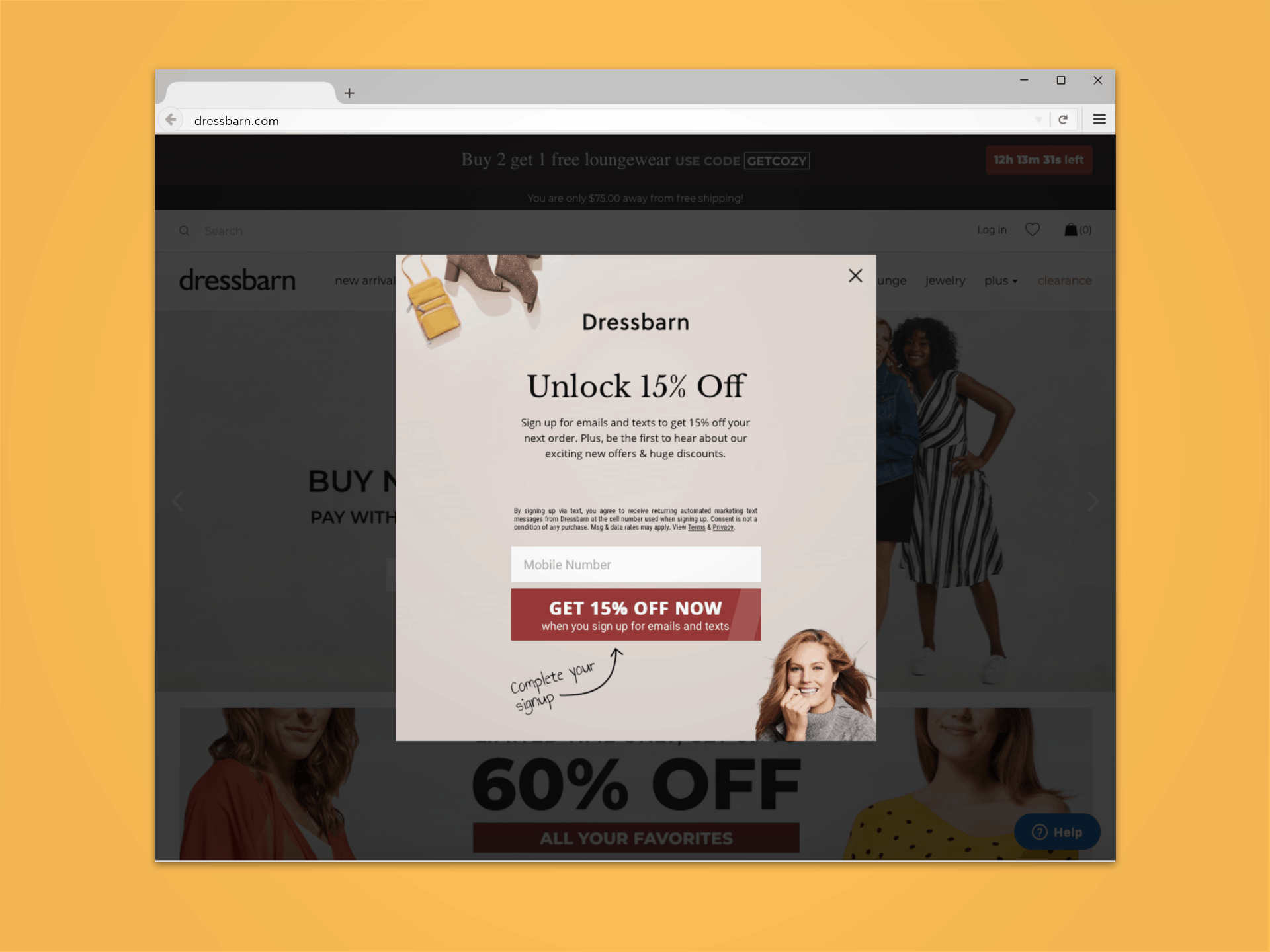 sms marketing pop-up example from dressbarn