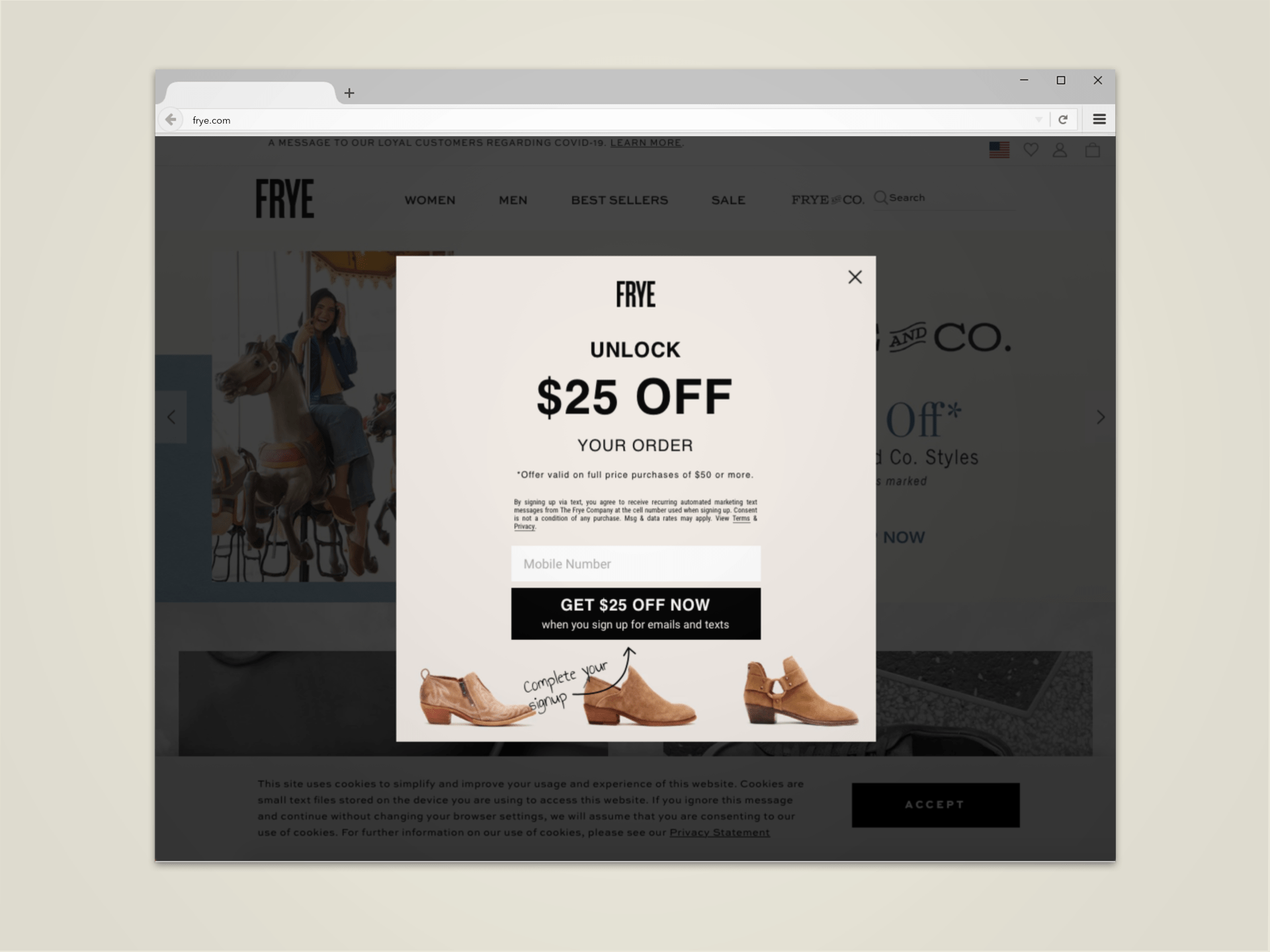 sms marketing pop-up example from frye