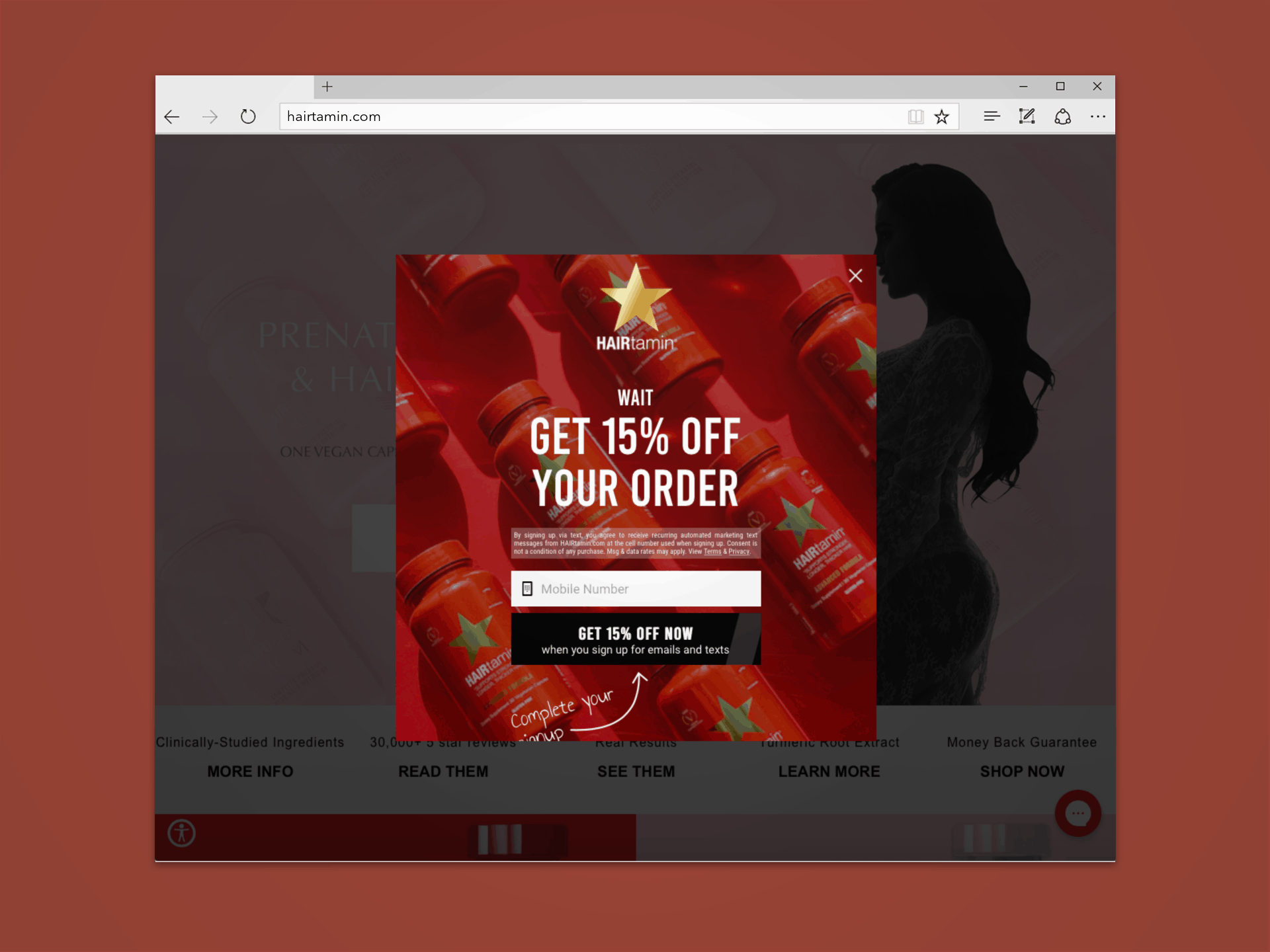 sms marketing pop-up example from hairtamin