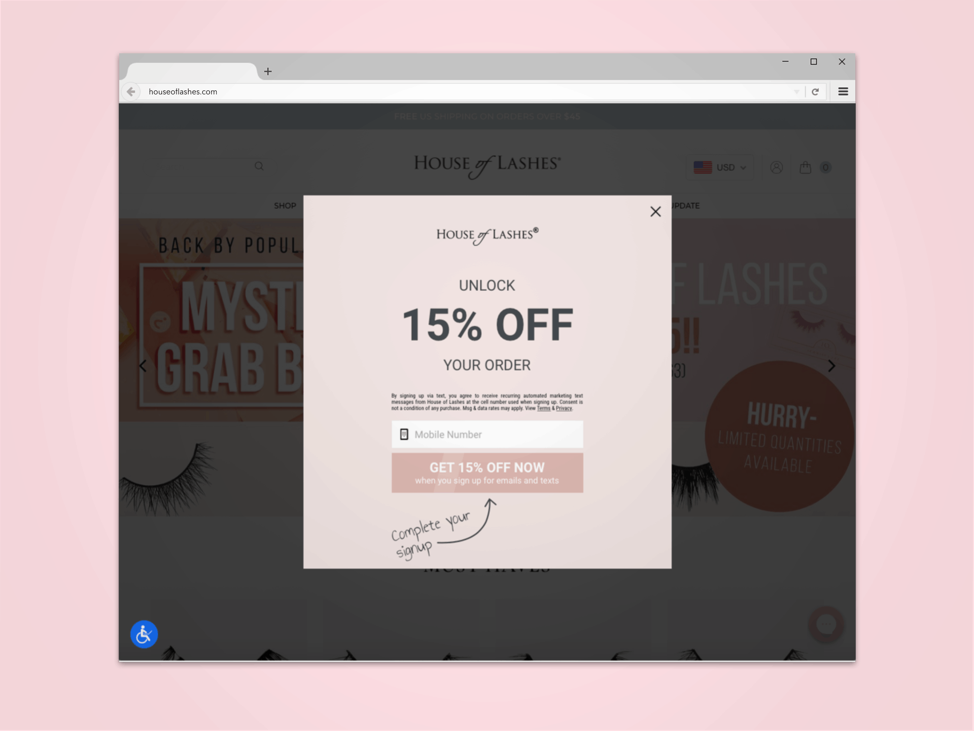 sms marketing pop-up example from house of lashes
