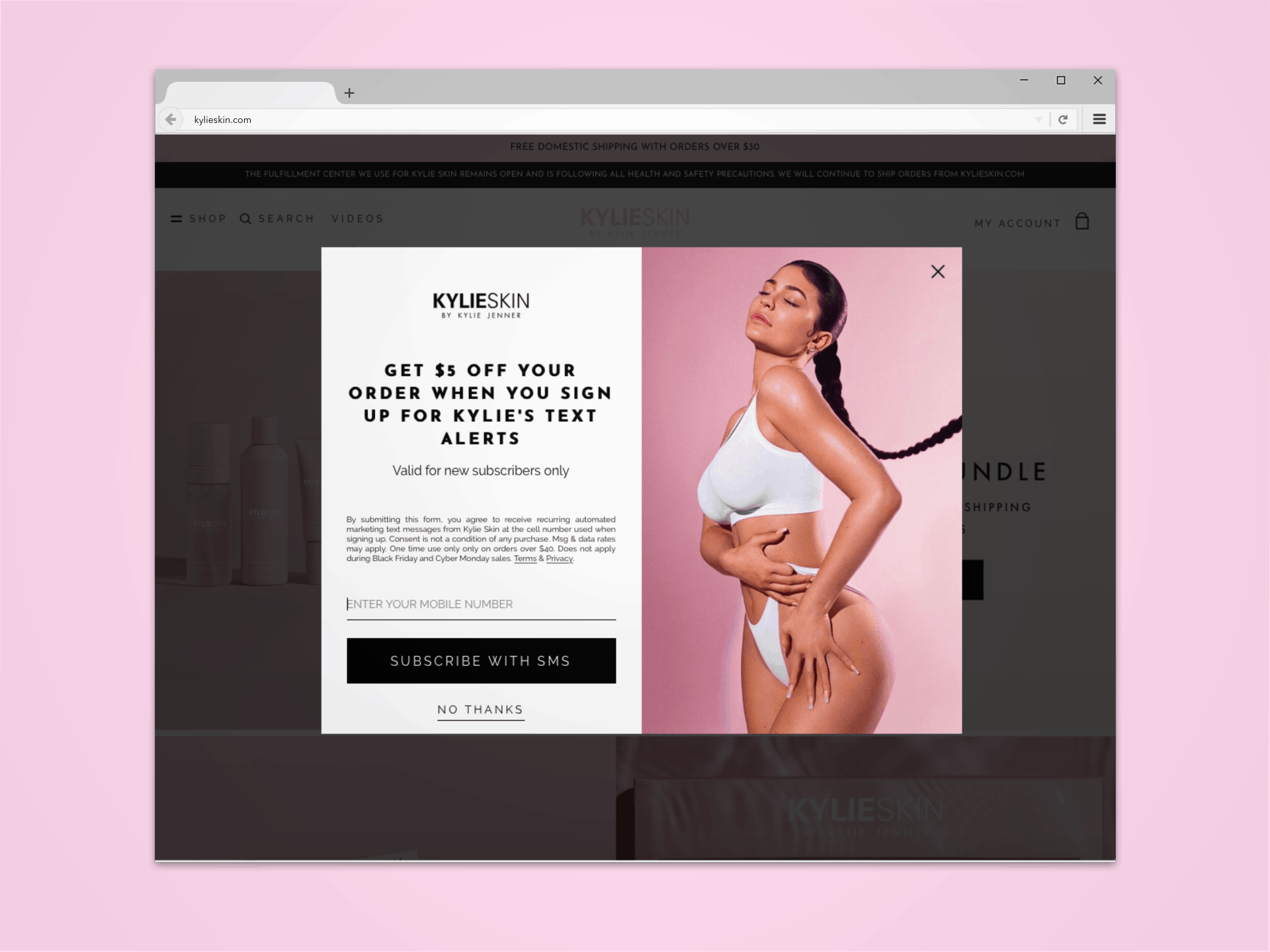 sms marketing pop-up example from kylie skin