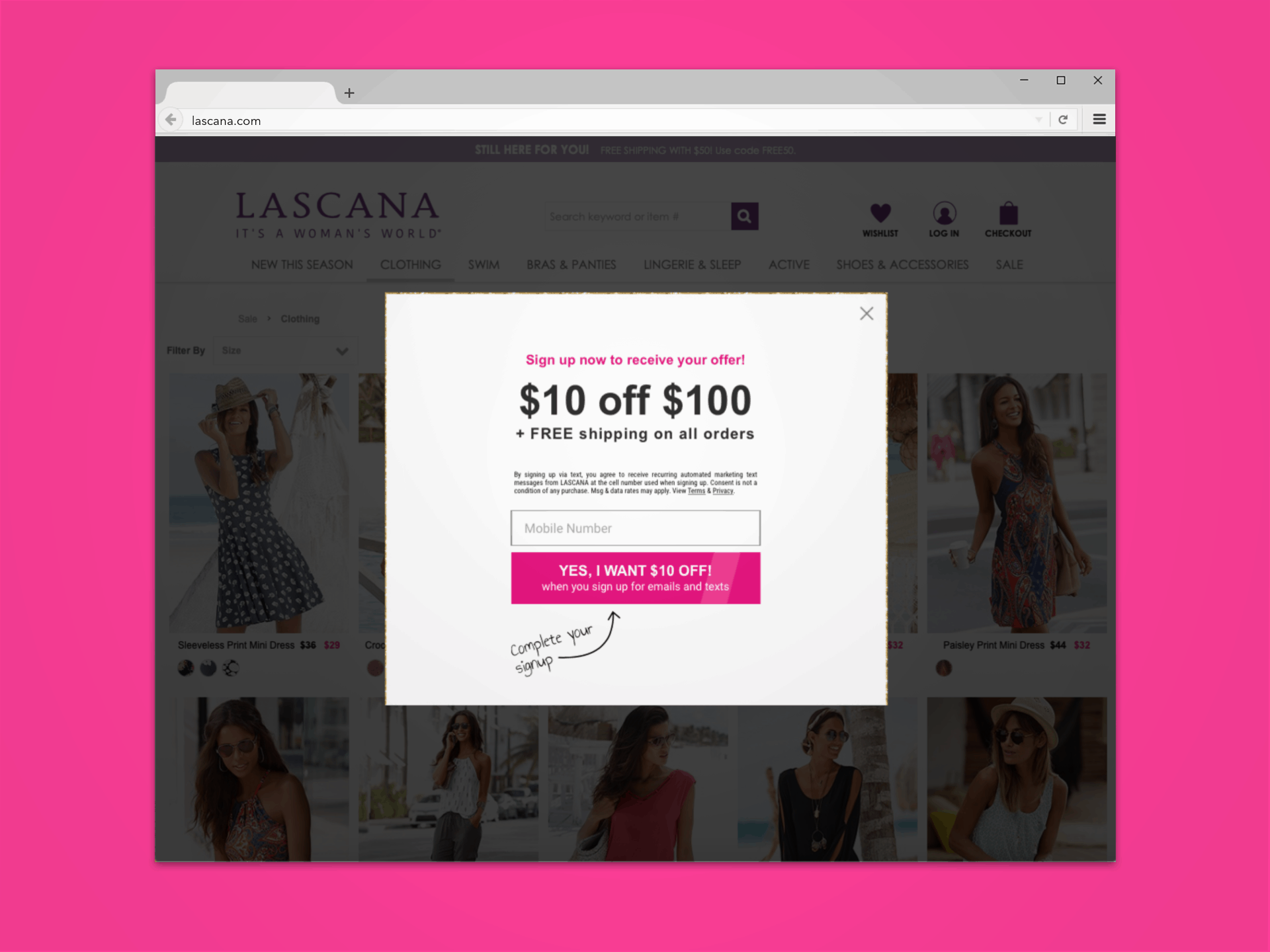 sms marketing pop-up example from lascana