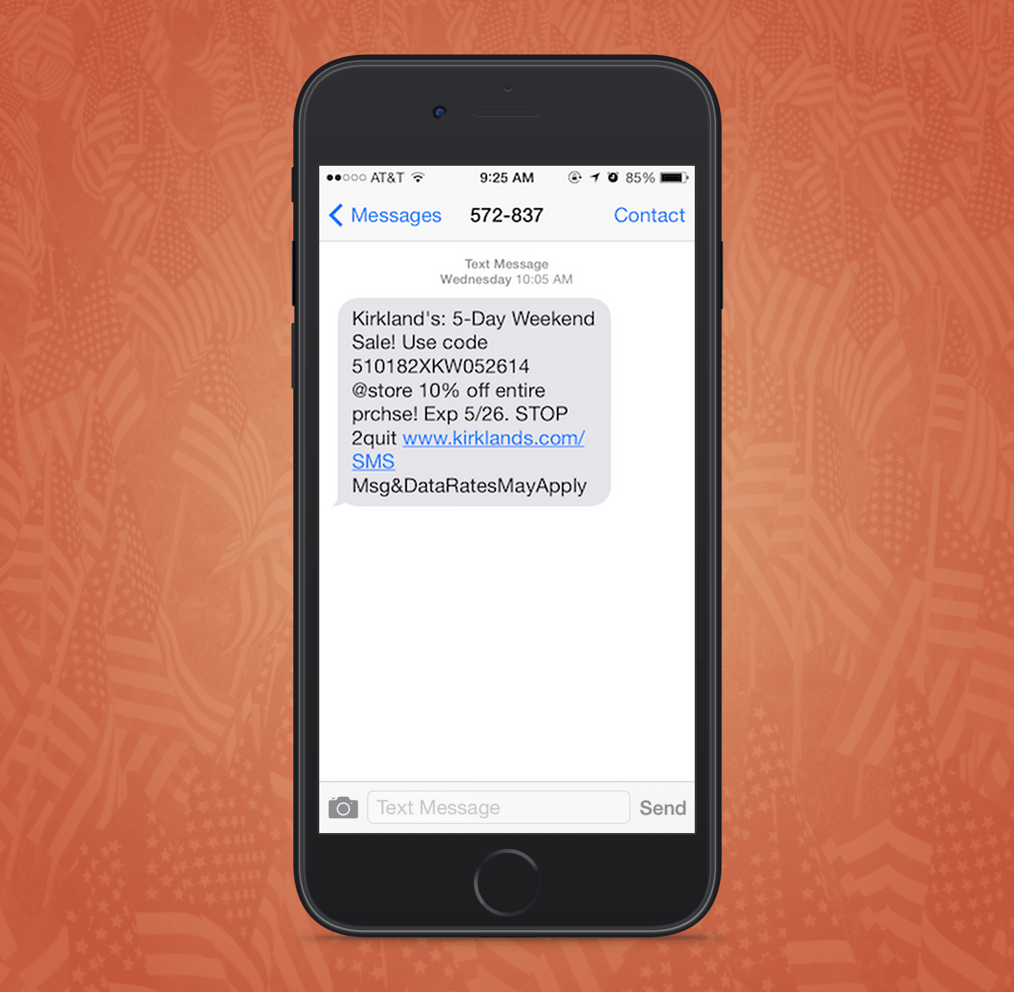 Memorial Day SMS Marketing Example Sent From Kirklands Retail Store to SMS Subscribers
